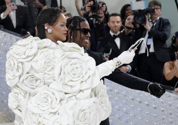 Rihanna and A$AP Rocky arrive on the red carpet for The Met Gala at The Metropolitan Museum of Art celebrating the opening of Karl Lagerfeld: A Line of Beauty in New York City on Monday, May 1, 2023.  NYP202305018014 JOHNxANGELILLO