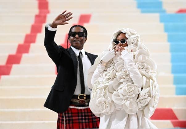 May 1, 2023, New York, New York, USA: The Metropolitan MuseumÃ¢â‚¬â ¢s annual Met Gala honoring Karl Lagerfeld brings out crowds on the carpet as well as in the street. Here Rihanna is the last arrive on the carpet with ASAP Rocky. (Photo Andrea RENAULT Zuma Press) New York USA - ZUMAg115 20230501_zaf_g115_001 Copyright: xAndreaxRenaultx