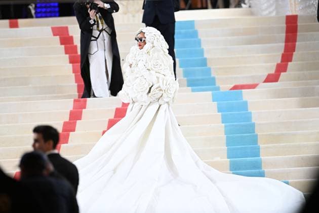 May 1, 2023, New York, New York, USA: The Metropolitan MuseumÃ¢â‚¬â ¢s annual Met Gala honoring Karl Lagerfeld brings out crowds on the carpet as well as in the street. Here Rihanna is the last arrive on the carpet with ASAP Rocky. (Photo Andrea RENAULT Zuma Press) New York USA - ZUMAg115 20230501_zaf_g115_004 Copyright: xAndreaxRenaultx