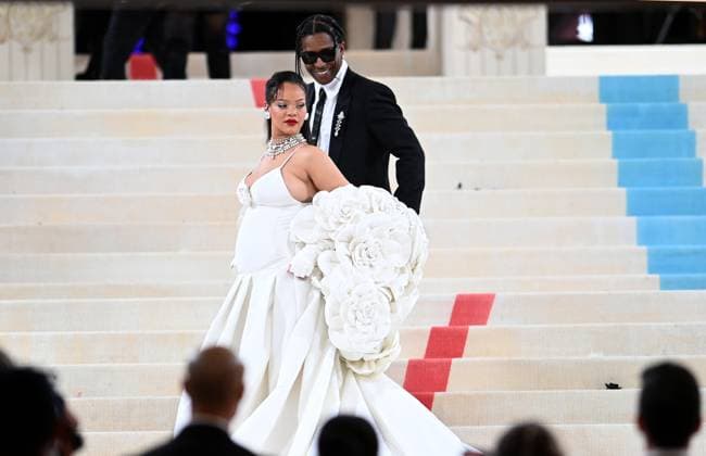May 1, 2023, New York, New York, USA: The Metropolitan MuseumÃ¢â‚¬â ¢s annual Met Gala honoring Karl Lagerfeld brings out crowds on the carpet as well as in the street. Here Rihanna is the last arrive on the carpet with ASAP Rocky. (Photo Andrea RENAULT Zuma Press) New York USA - ZUMAg115 20230501_zaf_g115_012 Copyright: xAndreaxRenaultx