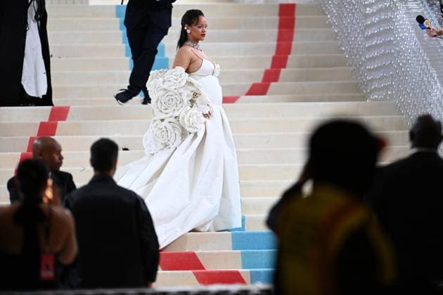 May 1, 2023, New York, New York, USA: The Metropolitan MuseumÃ¢â‚¬â ¢s annual Met Gala honoring Karl Lagerfeld brings out crowds on the carpet as well as in the street. Here Rihanna is the last arrive on the carpet with ASAP Rocky. (Photo Andrea RENAULT Zuma Press) New York USA - ZUMAg115 20230501_zaf_g115_018 Copyright: xAndreaxRenaultx