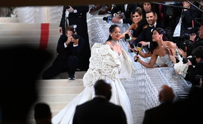 May 1, 2023, New York, New York, USA: The Metropolitan MuseumÃ¢â‚¬â ¢s annual Met Gala honoring Karl Lagerfeld brings out crowds on the carpet as well as in the street. Here Rihanna is the last arrive on the carpet with ASAP Rocky. (Photo Andrea RENAULT Zuma Press) New York USA - ZUMAg115 20230501_zaf_g115_019 Copyright: xAndreaxRenaultx