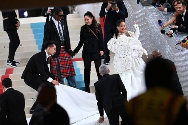 May 1, 2023, New York, New York, USA: The Metropolitan MuseumÃ¢â‚¬â ¢s annual Met Gala honoring Karl Lagerfeld brings out crowds on the carpet as well as in the street. Here Rihanna is the last arrive on the carpet with ASAP Rocky. (Photo Andrea RENAULT Zuma Press) New York USA - ZUMAg115 20230501_zaf_g115_020 Copyright: xAndreaxRenaultx