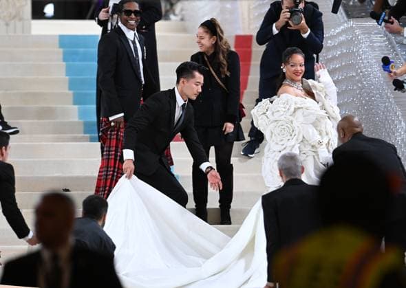 May 1, 2023, New York, New York, USA: The Metropolitan MuseumÃ¢â‚¬â ¢s annual Met Gala honoring Karl Lagerfeld brings out crowds on the carpet as well as in the street. Here Rihanna is the last arrive on the carpet with ASAP Rocky. (Photo Andrea RENAULT Zuma Press) New York USA - ZUMAg115 20230501_zaf_g115_022 Copyright: xAndreaxRenaultx