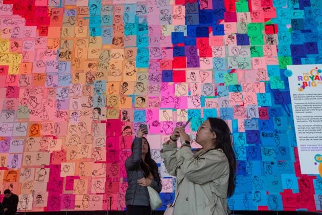 May 1, 2023, London, England, United Kingdom: Giant digital portrait of King Charles II that features hundreds of thousands of individual portraits of the king drawn by people across the UK is seen displayed in Outternet in central London. London United Kingdom - ZUMAs262 20230501_zip_s262_009 Copyright: xTayfunxSalcix