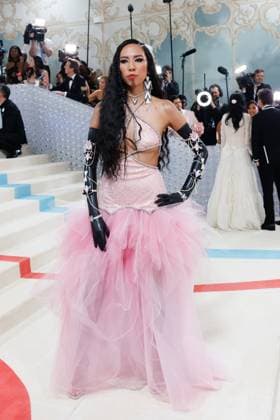 Quannah Chasinghorse arrives on the red carpet for The Met Gala at The Metropolitan Museum of Art celebrating the opening of Karl Lagerfeld: A Line of Beauty in New York City on Monday, May 1, 2023.  NYP20230501598 JOHNxANGELILLO