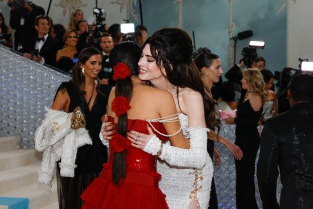 Salma Hayek and Anne Hathaway arrive on the red carpet for The Met Gala at The Metropolitan Museum of Art celebrating the opening of Karl Lagerfeld: A Line of Beauty in New York City on Monday, May 1, 2023.  NYP202305011849 JOHNxANGELILLO
