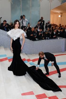 Camila Morrone arrives on the red carpet for The Met Gala at The Metropolitan Museum of Art celebrating the opening of Karl Lagerfeld: A Line of Beauty in New York City on Monday, May 1, 2023.  NYP202305015073 JOHNxANGELILLO