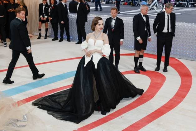 Lily Collins arrives on the red carpet for The Met Gala at The Metropolitan Museum of Art celebrating the opening of Karl Lagerfeld: A Line of Beauty in New York City on Monday, May 1, 2023.  NYP202305015074 JOHNxANGELILLO