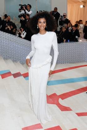 Imaan Hammam arrives on the red carpet for The Met Gala at The Metropolitan Museum of Art celebrating the opening of Karl Lagerfeld: A Line of Beauty in New York City on Monday, May 1, 2023.  NYP2023050190003 JOHNxANGELILLO