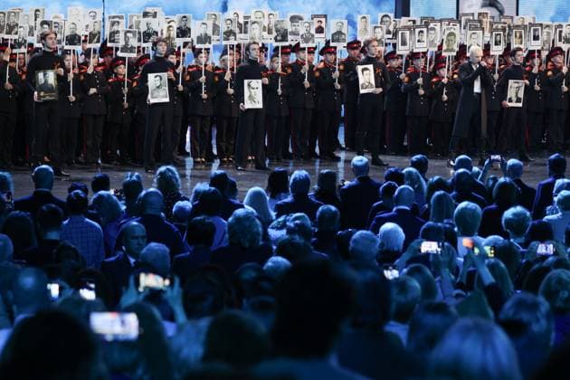 RUSSIA, MOSCOW - MAY 3, 2023: An Immortal Regiment event is held at a gala concert titled Thank You for Your Loyalty, Descendants! marking the 78th anniversary of the victory over Nazi Germany in World War II, at the State Kremlin Palace. Sergei Fadeichev TASS  58829859