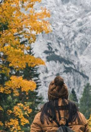 Rear view of female hiker walking on path leading to amazing mountains. Autumn and fall colors of forest at Vrsic mountain pass in Slovenia *** hintere Ansicht des weiblich Wanderin Spazierengehen am Weg führenden an Erstaunliche Gebirge Herbst und herabfallen färbt des Wald im Vrsic Berg Passieren ÊIn Slowenien 3699353 ,model released, Symbolfoto
