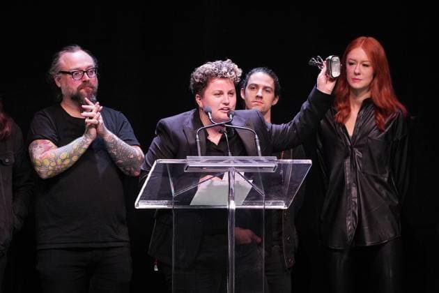 May 4, 2023, Halifax, NS, Canada: Kellie Loder, second from left, accepts the award for Fans Choice Entertainer of the Year during the East Coast Music Awards in Halifax on Thursday, May 4, 2023. Halifax Canada  - ZUMAc35_ 20230504_zaf_c35_157 Copyright: xDarrenxCalabresex