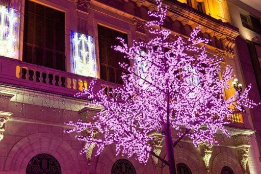 RECORD DATE NOT STATED Artificial purple Christmas tree decoration, city night, copy space *** künstliche lila Weihnachten Baum decoration, Stadt night, Kopie Weltraum 3875213