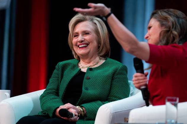 May 5, 2023, Ottawa, ON, Canada: Former U.S. Secretary of State Hillary Clinton and Deputy Prime Minister and Minister of Finance Chrystia Freeland take part in a keynote address during the second day of the Liberal Convention in Ottawa, on Friday, May 5, 2023. Ottawa Canada  - ZUMAc35_ 20230505_zaf_c35_138 Copyright: xSpencerxColbyx