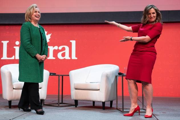 May 5, 2023, Ottawa, ON, Canada: Former U.S. Secretary of State Hillary Clinton, left, is introduced to the stage by Deputy Prime Minister and Minister of Finance Chrystia Freeland take part in a keynote address during the second day of the Liberal Convention in Ottawa, on Friday, May 5, 2023. Ottawa Canada  - ZUMAc35_ 20230505_zaf_c35_140 Copyright: xSpencerxColbyx
