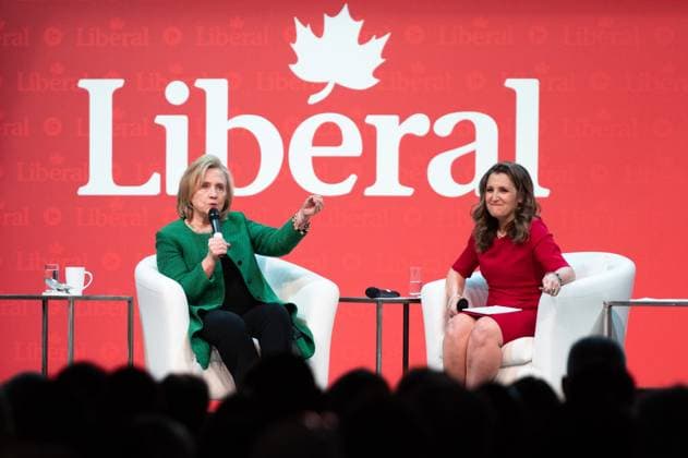 News Bilder des Tages News Bilder des Tages May 5, 2023, Ottawa, ON, Canada: Former U.S. Secretary of State Hillary Clinton and Deputy Prime Minister and Minister of Finance Chrystia Freeland take part in a keynote address during the second day of the Liberal Convention in Ottawa, on Friday, May 5, 2023. Ottawa Canada  - ZUMAc35_ 20230505_zaf_c35_143 Copyright: xSpencerxColbyx