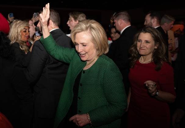 May 5, 2023, Ottawa, ON, Canada: Former U.S. Secretary of State Hillary Clinton waves after delivering a keynote address during the second day of the Liberal Convention in Ottawa, on Friday, May 5, 2023. Ottawa Canada  - ZUMAc35_ 20230505_zaf_c35_148 Copyright: xSpencerxColbyx