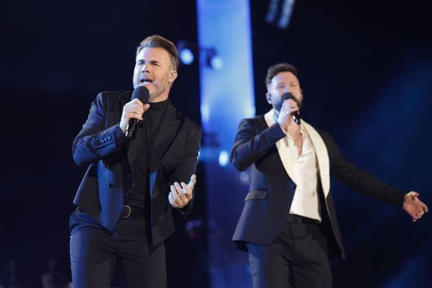 . 07 05 2023. Windsor, United Kingdom. Gary Barlow, Howard Donald and Mark Owen of Take That performing at the Coronation Concert held in the grounds of Windsor Castle, United Kingdom.  xPoolx xi-Imagesx IIM-24359-0112