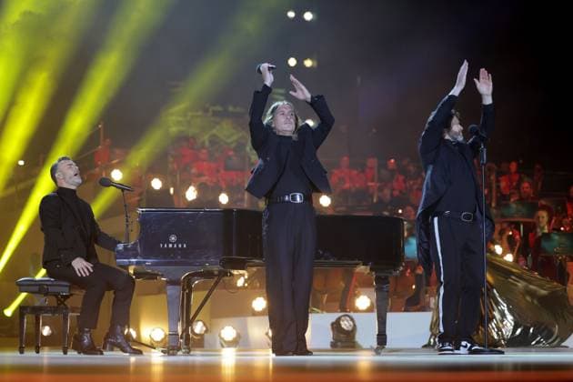 . 07 05 2023. Windsor, United Kingdom. Gary Barlow, Howard Donald and Mark Owen of Take That performing at the Coronation Concert held in the grounds of Windsor Castle, United Kingdom.  xPoolx xi-Imagesx IIM-24359-0116