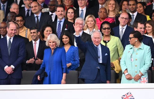 . 07 05 2023. Windsor, United Kingdom. King Charles III, Queen Camilla, Kate Middleton, the Princess of Wales, Princess Charlotte ,Prince George and Prince William, the Prince of Wales at the Coronation Concert held in the grounds of Windsor Castle, United Kingdom.  xPoolx xi-Imagesx IIM-24359-0145