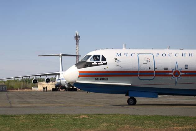 RUSSIA, KURGAN - MAY 8, 2023: A Beriev Be-200 aircraft of the Russian Emergencies Ministry involved in firefighting, is pictured at a city airport. A state of emergency has been declared in the Kurgan Region due to wildfires. Maxim Grigoryev TASS  58938891