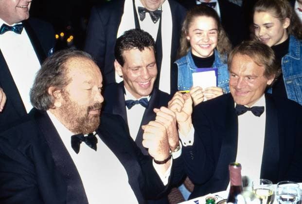 Henry Maske, deutscher Boxer, zwischen den Schauspielern Bud Spencer und Terence Hill bei einer Abendveranstaltung, Deutschland um 1995. Copyright: HartwigxValdmanis Nur redaktionelle Nutzung. Editorial usage only. VAL_720001057