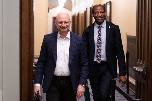 May 10, 2023, Ottawa, ON, Canada: Justice Minister and Attorney General of Canada David Lametti, left and Parliamentary Secretary to the Prime Minister of Canada, Greg Fergus, arrive to a caucus meeting on Parliament Hill in Ottawa, on Wednesday, May 10, 2023. Ottawa Canada - ZUMAc35_ 20230510_zaf_c35_003 Copyright: xSpencerxColbyx