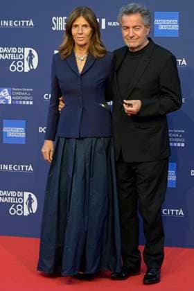 May 10, 2023, Rome, Italy: Camilla Nesbitt (L) and Pietro Valsecchi (R) attend the red carpet of Premi Davide di Donatello 2023 at CinecittÃ Lumina Studios. Rome Italy - ZUMAs197 20230510_zaa_s197_291 Copyright: xMarioxCartellix