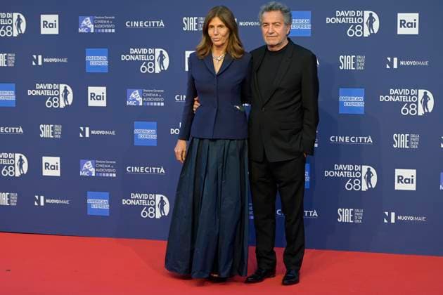 May 10, 2023, Rome, Italy: Camilla Nesbitt (L) and Pietro Valsecchi (R) attend the red carpet of Premi Davide di Donatello 2023 at CinecittÃ Lumina Studios. Rome Italy - ZUMAs197 20230510_zaa_s197_466 Copyright: xMarioxCartellix