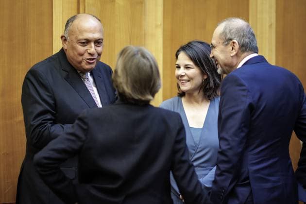 Situation in the Middle East conflict Annalena Baerbock, German Foreign Minister, invites to cloverleaf meeting in Berlin Here in the picture L R Samih Schukri, Foreign Minister of Egypt, Catherine Colonna, Foreign Minister of France, Annalena Baerbock, German Foreign Minister, and Ayman Safadi , Foreign Minister of Jordan Berlin, 11 05 2023 Berlin Germany Copyright: xJaninexSchmitz photothek.dex