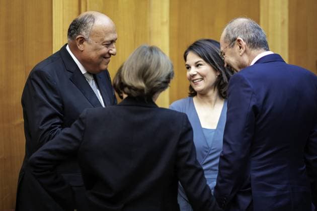 Situation in the Middle East conflict Annalena Baerbock, German Foreign Minister, invites to cloverleaf meeting in Berlin Here in the picture L R Samih Schukri, Foreign Minister of Egypt, Catherine Colonna, Foreign Minister of France, Annalena Baerbock, German Foreign Minister, and Ayman Safadi , Foreign Minister of Jordan Berlin, 11 05 2023 Berlin Germany Copyright: xJaninexSchmitz photothek.dex