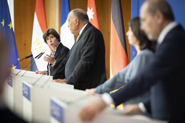 Annalena Baerbock, German Foreign Minister, invites to cloverleaf meeting in Berlin Here taken at a press conference after the joint discussion L R Catherine Colonna, Foreign Minister of France, Sameh Shoukry, Foreign Minister of Egypt, Annalena Baerbock, German Foreign Minister, and Ayman Safadi , Foreign Minister of Jordan Berlin, 11 05 2023 Ber Copyright: xJaninexSchmitz photothek.dex