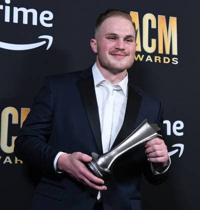 Zach Bryan shows off his New Male Artist of the Year Award at the 2023 Academy of Country Music Awards at The Star in Frisco, TX on Thursday, May 11, 2023.  FRS2023051155 IANxHALPERIN