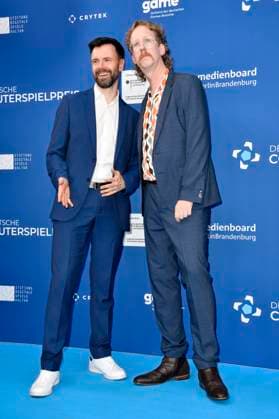 Felix Falk and Uke Bosse at the award ceremony of the German Computer Game Award 2023 at Spindler Klatt Berlin, 11 05 2023 Foto:xN.xKubelkax xFuturexImage