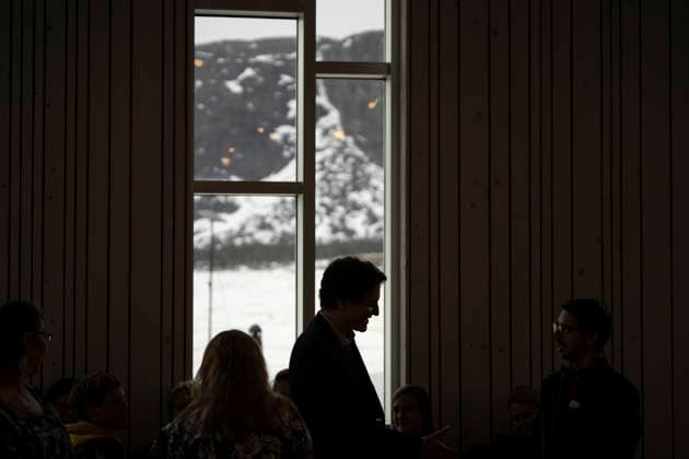 May 12, 2023, Nain, NL, Canada: Prime Minister Justin Trudeau is silhouetted in front of Mount Sohie during a meeting of the Inuit-Crown Partnership Committee (ICPC) at the Illusuak Cultural Centre in Nain, N.L. on Friday, May 12, 2023. Nain Canada  - ZUMAc35_ 20230512_zaf_c35_005 Copyright: xDarrenxCalabresex