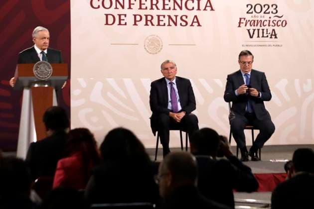 May 12, 2023, Mexico City, Mexico: Mexican President Andres Manuel Lopez Obrador with Secretaries of Government, Adan Augusto Lopez and Foreign Affairs, Marcelo Ebrard, at the press conference before reporters at the National Palace in Mexico City, Mexico. on May 12, 2023 in Mexico City, Mexico Mexico City Mexico - ZUMAe321 20230512_zia_e321_069 Copyright: xLuisxBarronx
