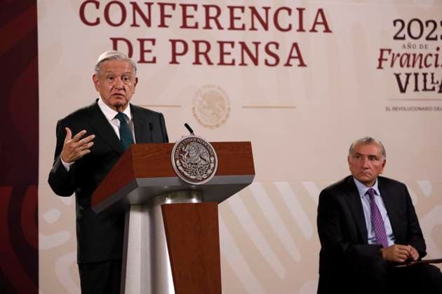 May 12, 2023, Mexico City, Mexico: Mexican President Andres Manuel Lopez Obrador with Secretary of Government Adan Augusto Lopez at the press conference before reporters at the National Palace in Mexico City, Mexico. on May 12, 2023 in Mexico City, Mexico Mexico City Mexico - ZUMAe321 20230512_zia_e321_078 Copyright: xLuisxBarronx
