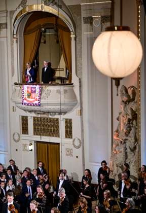 Czech President Petr Pavel, right, and his wife Eva Pavlova, left, attend the opening of the 78th Prague Spring Festival by the traditional My Country symphonic cycle by Bedrich Smetana, performed by the Welsh National Opera Orchestra led by Czech conductor Tomas Hanus, on May 12, 2023, in Prague, Czech Republic. (CTKxPhoto RomanxVondrous) CTKPhotoP2023051210015  CTKPhotoP2023051210015