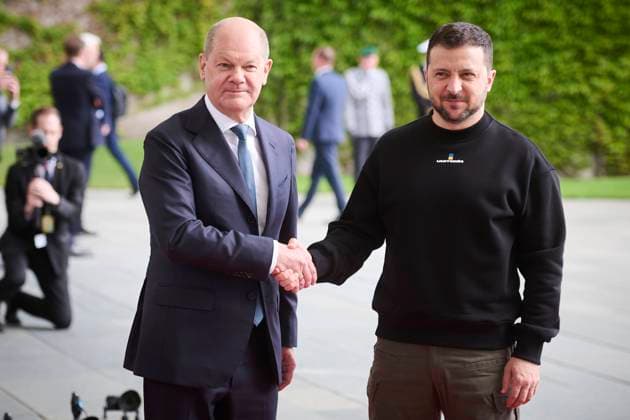 Berlin, Germany visit of Volodymyr Selensky Federal Chancellor Olaf Scholz SPD receives the Ukrainian President Volodymyr Selensky within the framework of his visit to Germany on 14 05 2023 in the Federal Chancellery in Berlin Berlin Germany