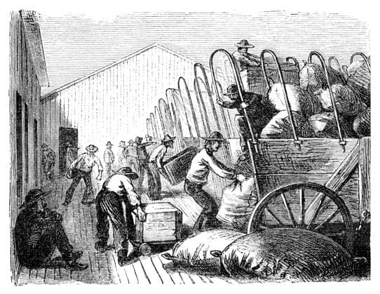Men loading covered wagons. Illustration originally published in Hesse-Wartegg s Nord Amerika , swedish edition published in 1880. The image is currently in public domain by the virtue of age. Copyright: xJanxSandvikx xDesignxPicsx , 31055097 Copyright: JanxSandvikx xDesignxPics 31055097