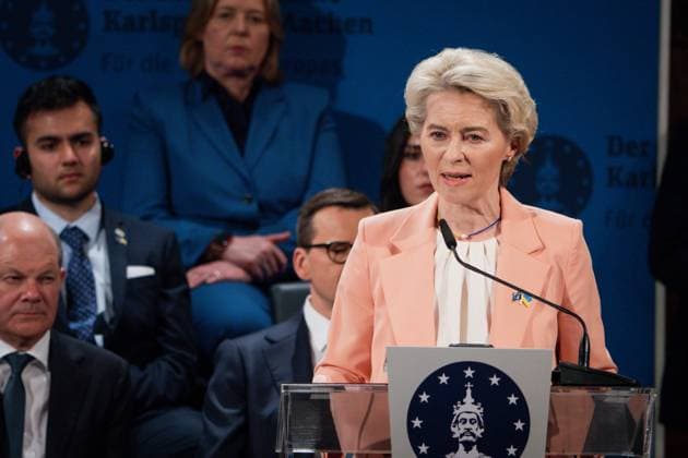 Presentation of the Charlemagne Prize in Aachen Cathedral to the Ukrainian people Current, 14 05 2023, Aachen, Dr Ursula von der Leyen, President of the European Commission during her speech at the ceremonial presentation of the International Charlemagne Prize of Aachen to the Ukrainian people in the catering hall of the City Hall of Aachen Aachen North Rhine Westphalia Germany