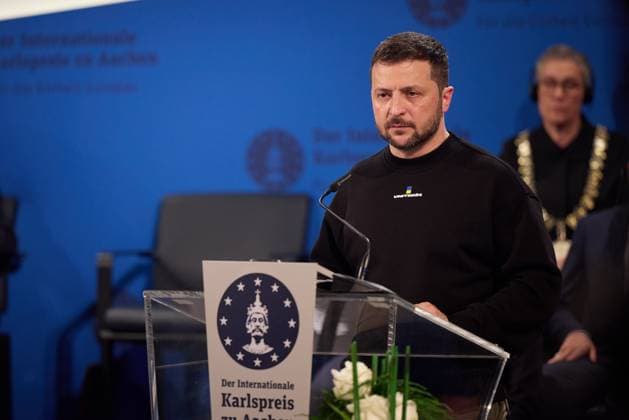 Ukrainian President and laureate Volodymyr Zelensky speaks at the award ceremony of the Charlemagne Prize for Services to European Unity on May 14, 2023 in the Coronation Hall in Aachen, Germany. The President of Ukraine Volodymyr Zelensky and the people of his country are awarded the International Charlemagne Prize in Aachen on Sunday, May 14.  GRM2023051437