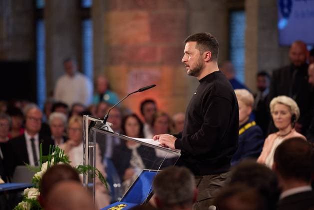 Ukrainian President and laureate Volodymyr Zelensky speaks at the award ceremony of the Charlemagne Prize for Services to European Unity on May 14, 2023 in the Coronation Hall in Aachen, Germany. The President of Ukraine Volodymyr Zelensky and the people of his country are awarded the International Charlemagne Prize in Aachen on Sunday, May 14.  GRM2023051442