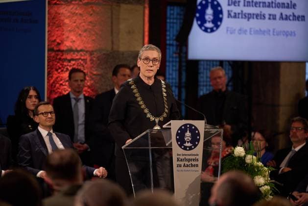 Aachen s Mayor Sibylle Keupen delivers a speech during the award ceremony of the International Charlemagne Prize of Aachen 2023 (Karlspreis) given to the President and the people of Ukraine on May 14, 2023 in Aachen,, Germany. The President of Ukraine Volodymyr Zelensky and the people of his country are awarded the International Charlemagne Prize in Aachen on Sunday, May 14..  GRM2023051447