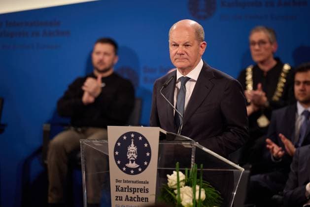German Chancellor Olaf Scholz delivers delivers a speech during the award ceremony of the International Charlemagne Prize of Aachen 2023 (Karlspreis) given to the President and the people of Ukraine on May 14, 2023 in Aachen,, Germany. The President of Ukraine Volodymyr Zelensky and the people of his country are awarded the International Charlemagne Prize in Aachen on Sunday, May 14..  GRM2023051450