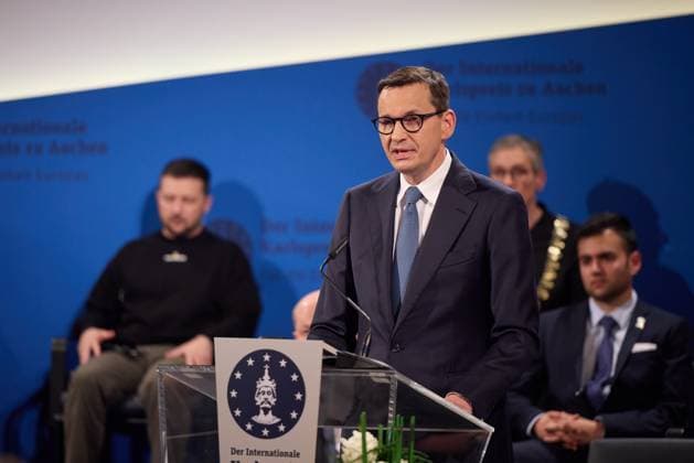Poland s Prime Minister Mateusz Morawiecki speaks during the award ceremony of the International Charlemagne Prize of Aachen 2023 (Karlspreis) given to the President and the people of Ukraine on May 14, 2023 in Aachen,, Germany. The President of Ukraine Volodymyr Zelensky and the people of his country are awarded the International Charlemagne Prize in Aachen on Sunday, May 14..  GRM2023051451