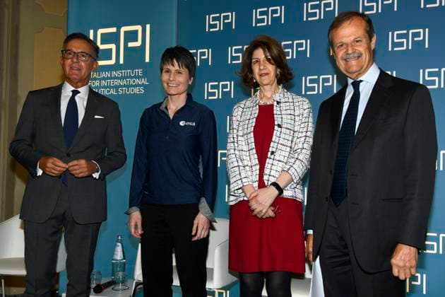 photo IPP Mario Romano Milan 16 5 2023 ISPI Prize 2022 in the photo Paolo Magri, ISPI vice president, Samantha Cristoforetti , ESA astronaut ™, Fabiola Gianotti, CERN director general and Giampiero Masolo, ISPI Italy Photo Press World president Copyright ISPI Prize 2022  0