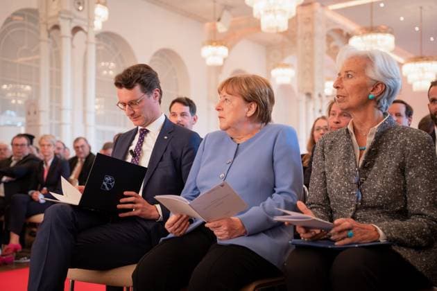 Award of the State Prize 2023 of the State of North Rhine Westphalia to the Chancellor a D Current, 16 05 2023, Cologne, Prime Minister of the State of North Rhine Westphalia Hendrik Wuest together with Chancellor a D Dr Angela Merkel and Christ