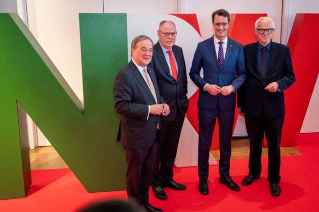 Award of the State Prize 2023 of the State of North Rhine Westphalia to the Chancellor a D Current, 16 05 2023, Cologne, Prime Minister of the State of North Rhine Westphalia Hendrik Wuest together with Juergen Ruettgersand Prime Minister a D Armin Laschet, and Peer